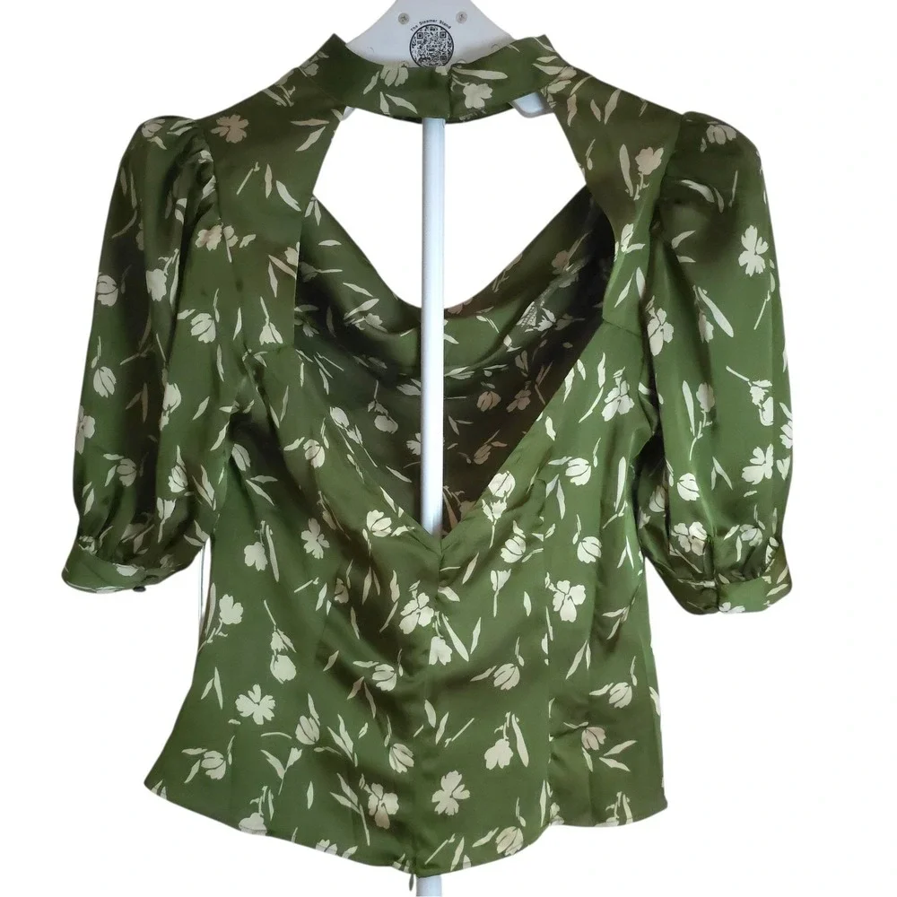 ASTR The Label Floral Open Back Blouse Women Puff Sleeve‎ Olive Dressy
